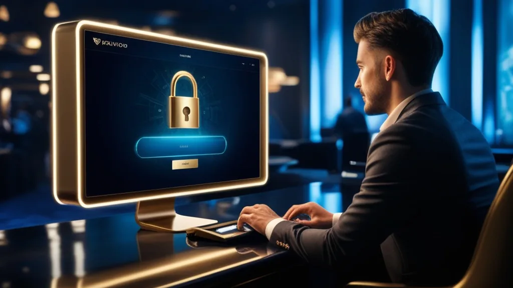 Secure casino login screen in a dark, glowing casino lobby
