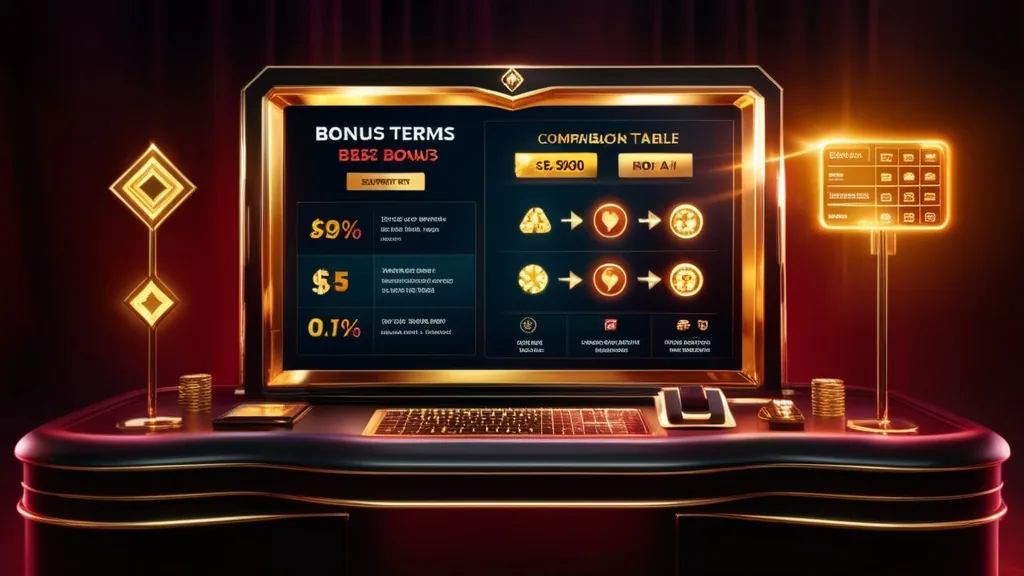 Casino table with bonus terms sheet and comparison icons