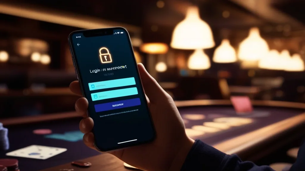 Player looking at a secure mobile login screen in a casino lounge
