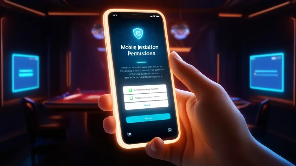 Phone screen showing app installation prompts and permissions in a dark casino-themed scene