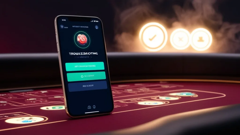Phone showing loading and login troubleshooting screens on a dark casino table