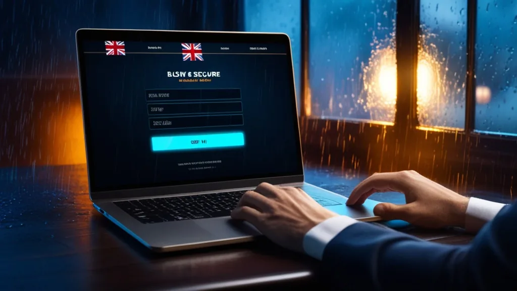 British player checking a secure casino login screen on a laptop