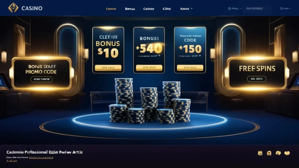 Dark casino lobby with bonus banners and promo code panels